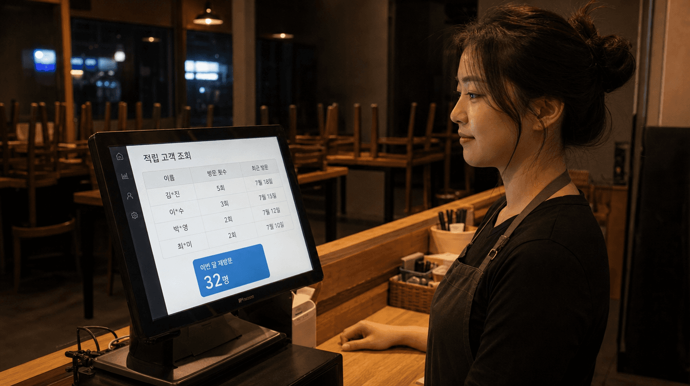 마감 후 포스기에서 재방문 손님 기록을 확인하는 사장