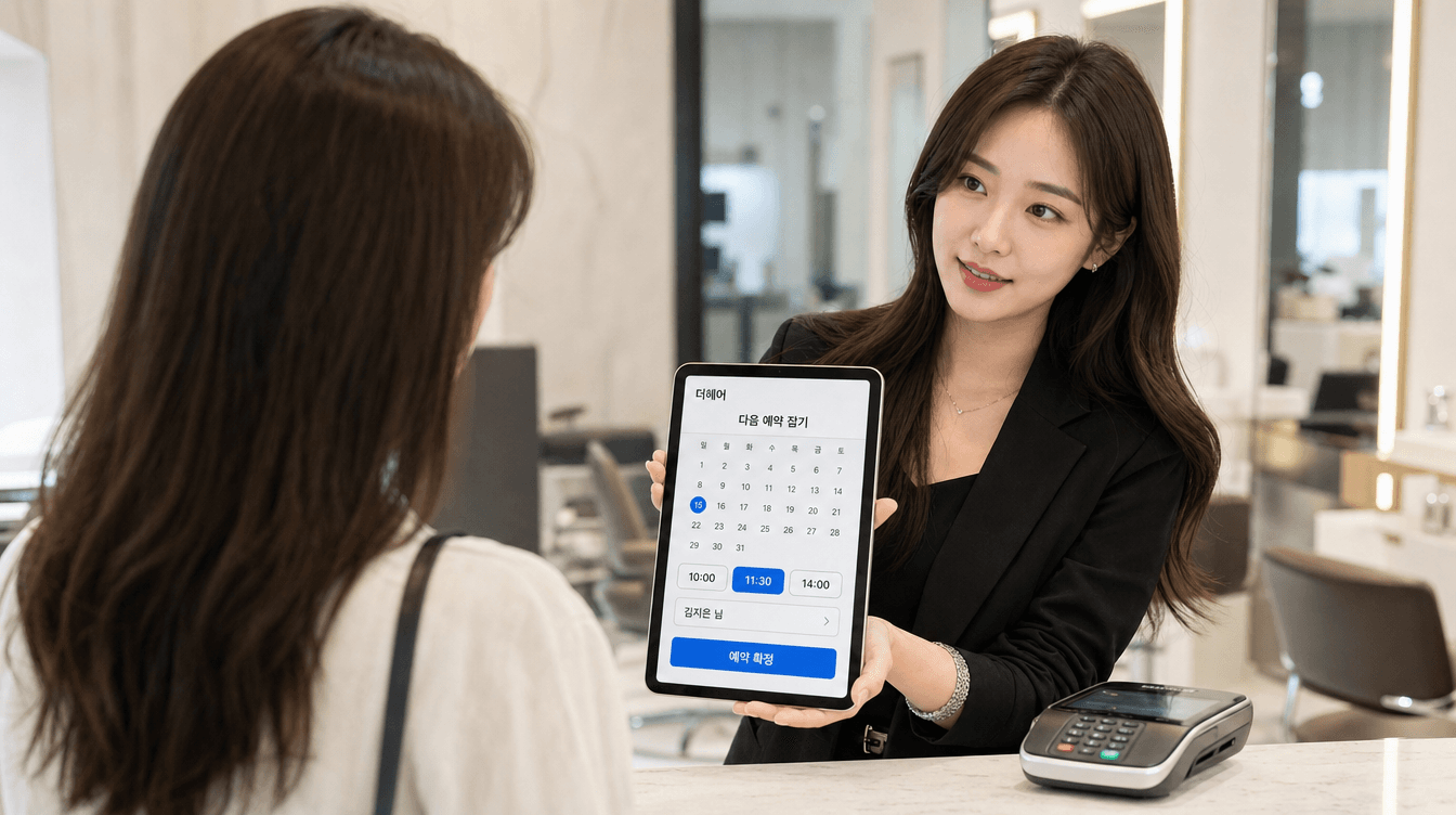 미용실 계산대에서 손님의 다음 방문 예약을 잡아주는 원장