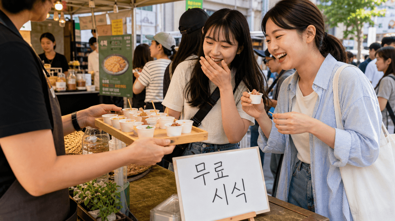 무료 시식 이벤트에서 시식 컵을 받아 맛보는 손님들