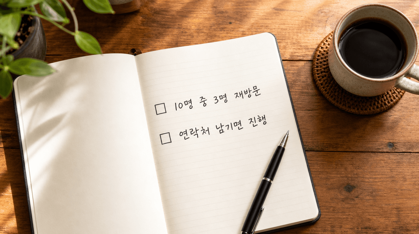 노트에 손으로 적은 창업 테스트 판단 기준 체크리스트