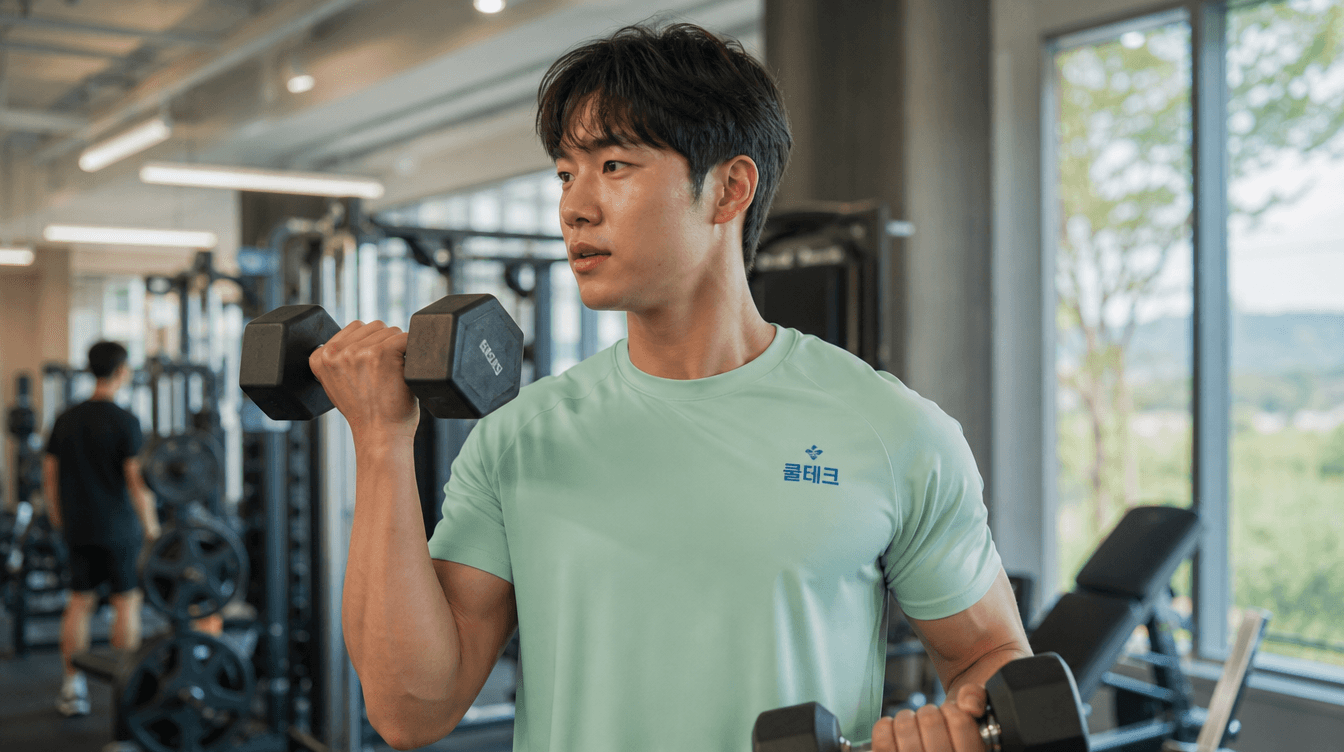 헬스장에서 흡습속건 티셔츠를 입고 운동하는 손님