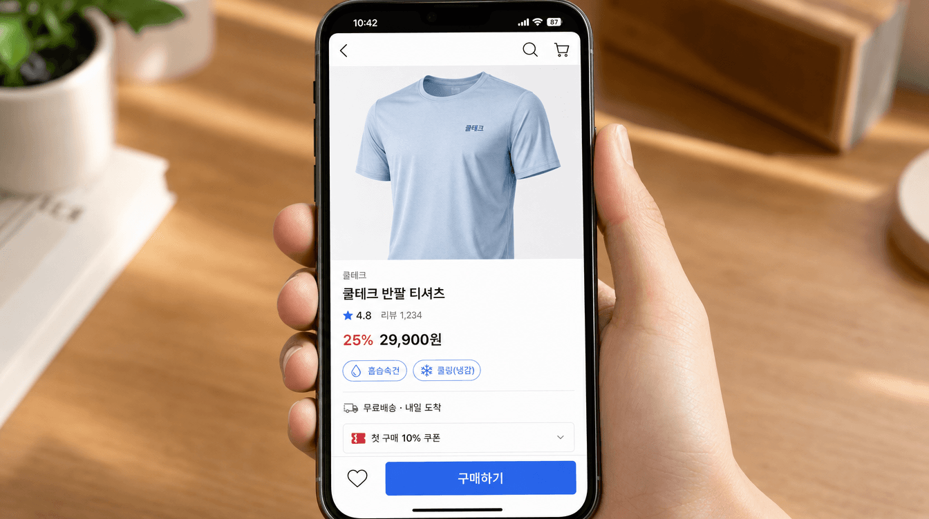 기능만 나열한 기능성 티셔츠 상세페이지 화면