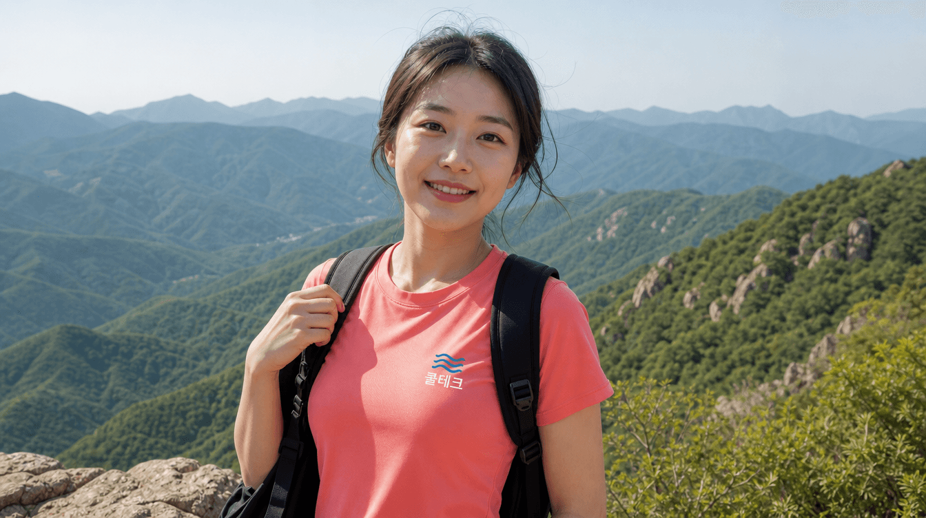 산 정상에서 땀이 식어도 춥지 않은 등산객
