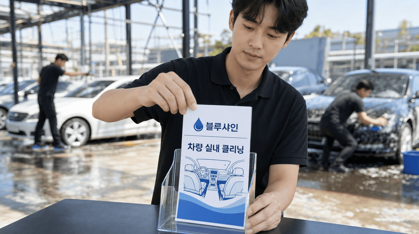 세차장에 차량 실내 클리닝 전단을 비치하는 젊은 사장